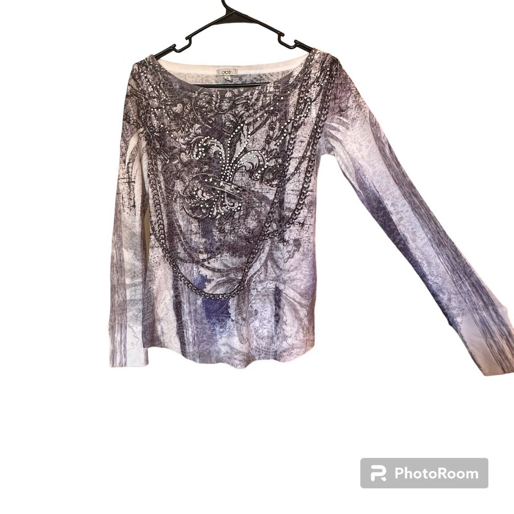 Cache Y2K White Long Sleeve Black Blue Tribal Rhinestone Waffle Knit Henley M - Picture 4 of 11